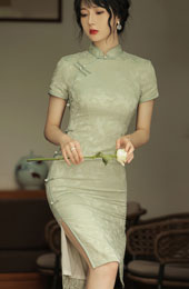 Green Crane Bird Midi Cheongsam Qipao Dress