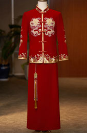 Embroidered Dragon Velvet Man Wedding Qun Kwa Jacket & Skirt