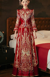 Beaded Embroidered Phoenix Velvet Wedding Bride Qun Kwa Xiu He