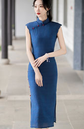 Blue Sleeveless Long Cheongsam Qipao Dress