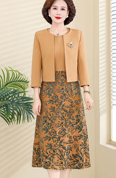 2 Pieces Khaki Floral Velvet Mothers Dress & Top