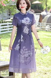Purple Blue Mothers Floral Qipao Cheongsam Dress
