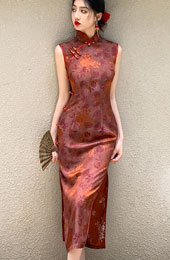 Red Jacquard Floral Long Cheongsam Qipao Dress