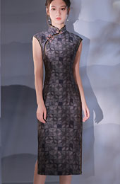Gray Grid Midi Cheongsam Qipao Dress