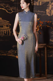 Gray Floral Shimmery Long Cheongsam Qipao Dress