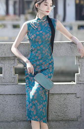 Blue Floral Sleeveless Cheongsam Qipao Dress