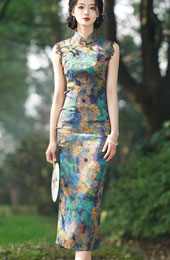 Green Floral Print Cheongsam Qipao Dress