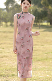 Pink Floral Sleeveless Cheongsam Qipao Dress