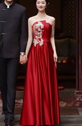 Burgundy Appliques Maxi Strapless A-Line Wedding Dress