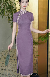 Purple Jacquard Silk Long Cheongsam Qipao Dress