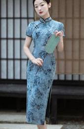 Blue Floral Print Midi Cheongsam Qipao Dress