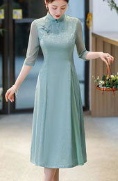 Green Blue Floral A-Line Mothers Cheongsam Qipao Dress