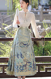 Two Pieces Blue Printed Horse Face Skirt Shirt Hanfu Dress
