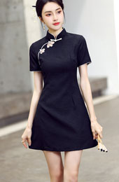 Black Pink Jacquard Hole Cheongsam Qipao Dress