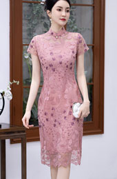 Pink Floral Lace Mothers Midi Cheongsam Qipao Dress