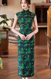 Green Grid Maxi Cheongsam Qipao Dress