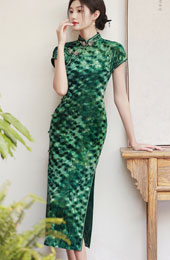 Green Brown Velvet Maxi Cheongsam Qipao Dress