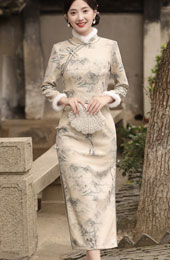 Chinese Painting Print Winter Cheongsam Qipao Dress
