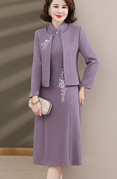 2 Pieces Purple Mothers Embroidered Winter Cheongsam Dress & Jacket