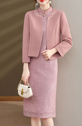2 Pieces Pink Mothers Lace Cheongsam Dress & Jacket