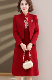 2 Pieces Red Bridal Mothers Embroidered Cheongsam Dress & Jacket