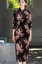 Floral Print Velvet Mothers Cheongsam Qipao Dress