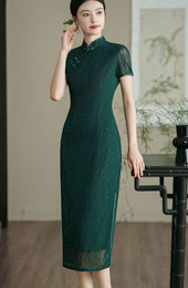 Shimmery Dark Green Lace Cheongsam Qipao Dress