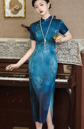 Shimmery Waves Blue Cheongsam Qipao Dress
