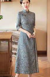 Blue Jacquard Half Sleeve A-Line Cheongsam Dress