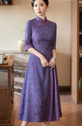 Purple Pink Jacquard Half Sleeve A-Line Cheongsam Dress