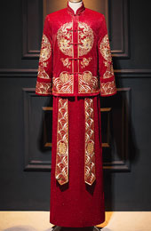 Embroidered Dragon Men Wedding Qun Kwa Jacket & Skirt