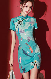 Blue Chinese Painting Print Cheongsam Qipao Dress