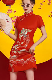 Red Phoenix Print Cheongsam Qipao Dress