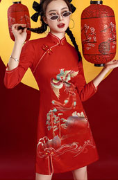 Red Phoenix Print Long Sleeve Cheongsam Qipao Dress