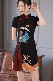 Black Red Chinese Painting Print Cheongsam Qipao Dress