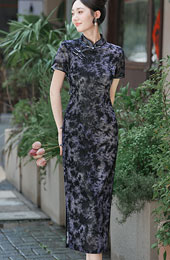 Gray Green Floral Print Maxi Cheongsam Qipao Dress