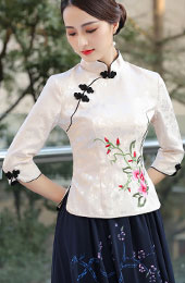 Beige Black Embroidered Cheongsam Blouse Top