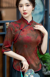 Red Floral Print Mothers Cheongsam Blouse Top