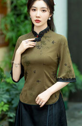 Green Lace Trim Cheongsam Blouse Top