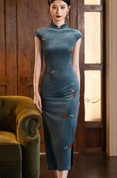 Blue Floral Velvet Cheongsam Qipao Dress
