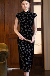 Black Shimmery Butterfly Velvet Cheongsam Qipao Dress