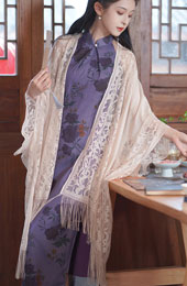 Red Beige Lace Tassels Cheongsam Wrap Shawl
