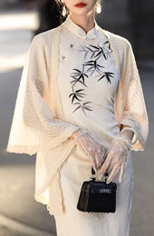 Beige Crochet Knit Cheongsam Wrap Shawl