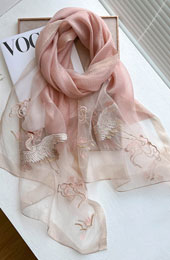 Embroidered Crane Bird Mulberry Silk Women Scarf Shawl