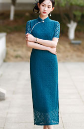 Lake Blue Plaid Lace Qipao Cheongsam Dress