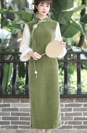 Green Orange Chenille Winter Cheongsam Qipao Dress