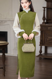 Green Knitted Winter Cheongsam Qipao Dress