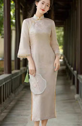 Champagne Jacquard Winter Cheongsam Qipao Dress