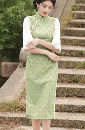 Green Lace Winter Midi Cheongsam Qipao Dress
