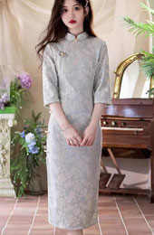 Blue Floral Lace Winter Midi Cheongsam Qipao Dress